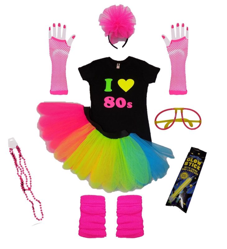 I Love 80’s Rainbow Tutu Skirt T Shirt Set Leg Warmers Gloves – Neon ...