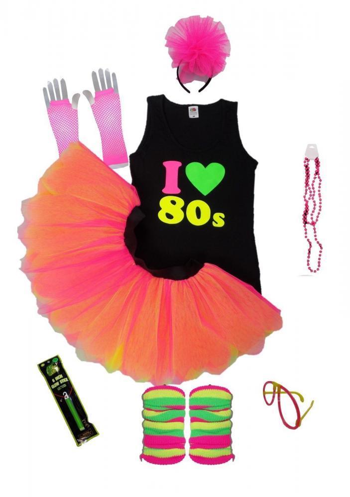 New Adult Womens 80S Fancy Dress NEON UV Tutu Skirt Set Hen Party Accessories 
